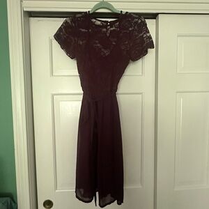 Purple Lace Fit and Flare Midi Dress with Flutter Cap Sleeves